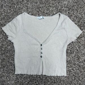 Women's Cream Button-Up Ribbed Top